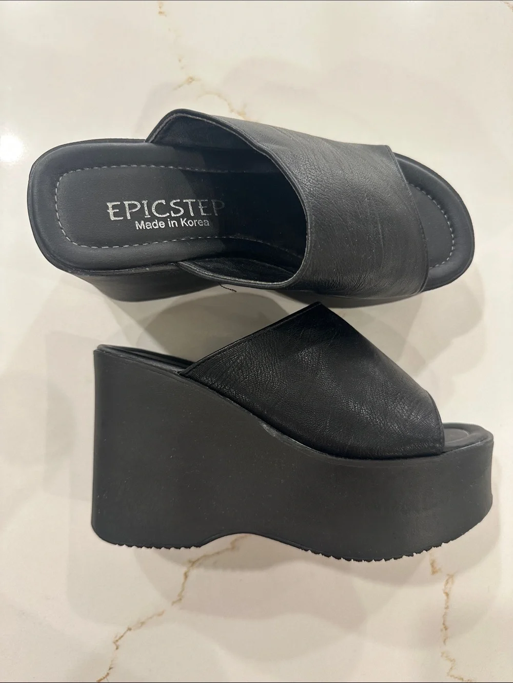 EricsT Black Leather Platform Wedge Slide Sandals